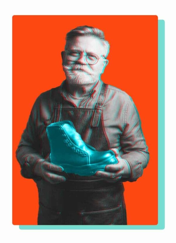 3D image of an old-timey cobbler holding a boot.