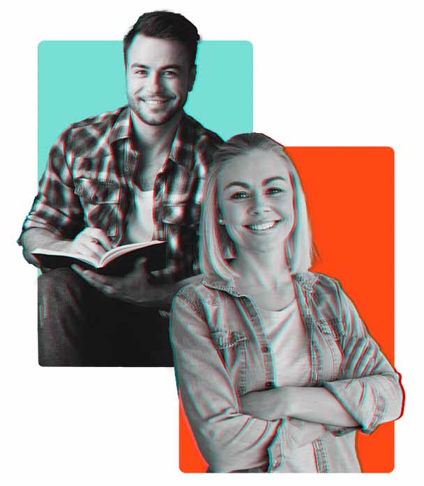 Man and woman in 3D smiling at the camera.